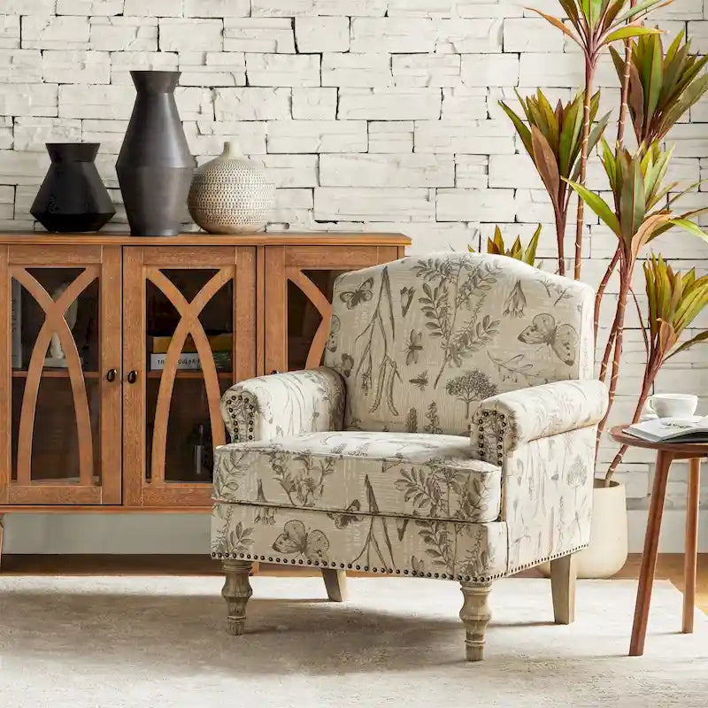 Fauteuil d'appoint clouté gris / Ferme – Une place, pieds en bois