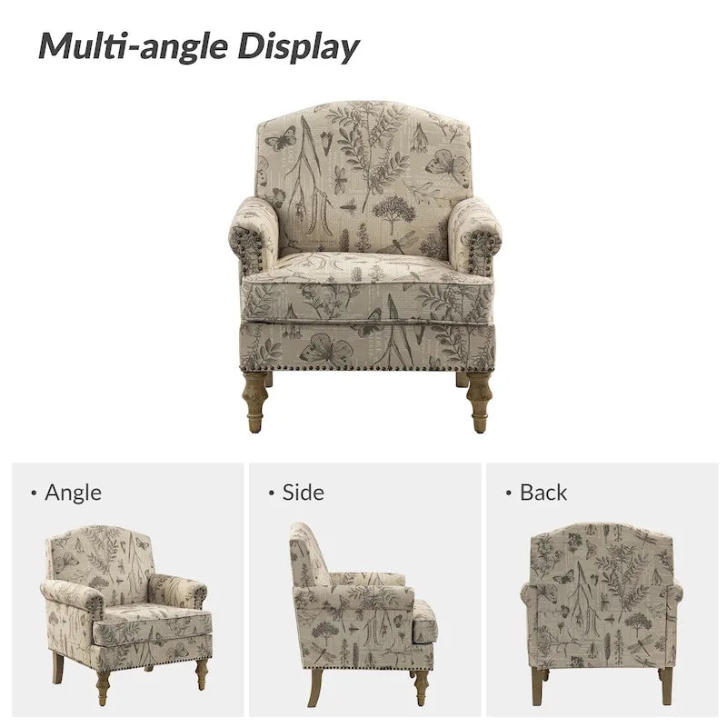 Fauteuil d'appoint clouté gris / Ferme – Une place, pieds en bois