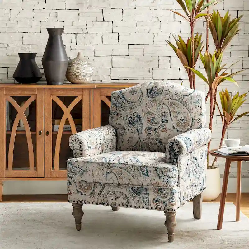 Fauteuil d'appoint clouté gris / Ferme – Une place, pieds en bois