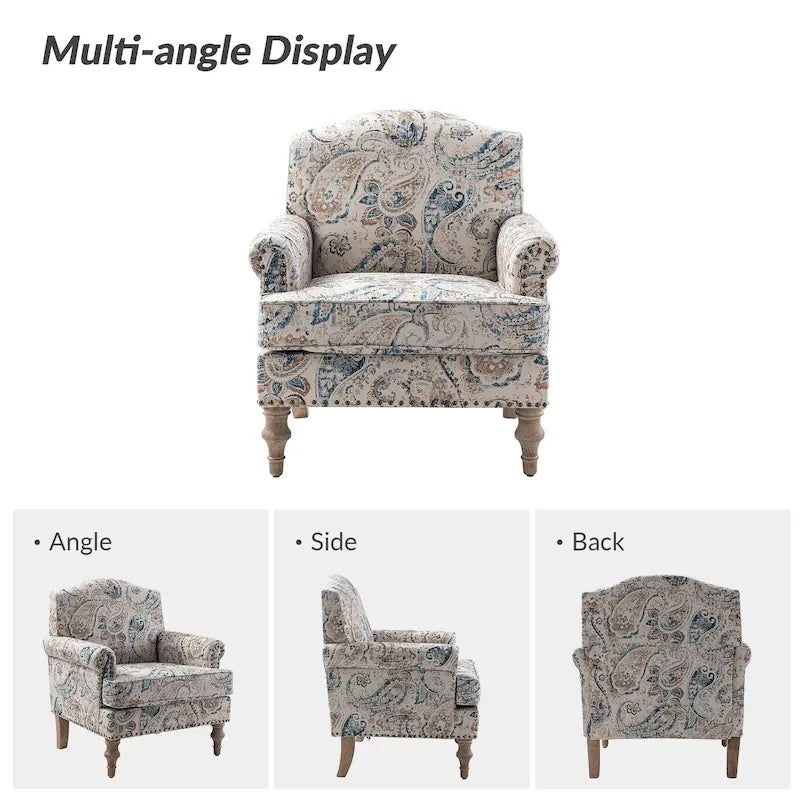 Fauteuil d'appoint clouté gris / Ferme – Une place, pieds en bois