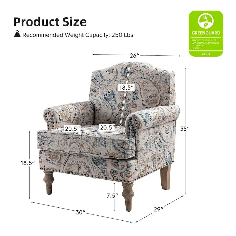 Fauteuil d'appoint clouté gris / Ferme – Une place, pieds en bois