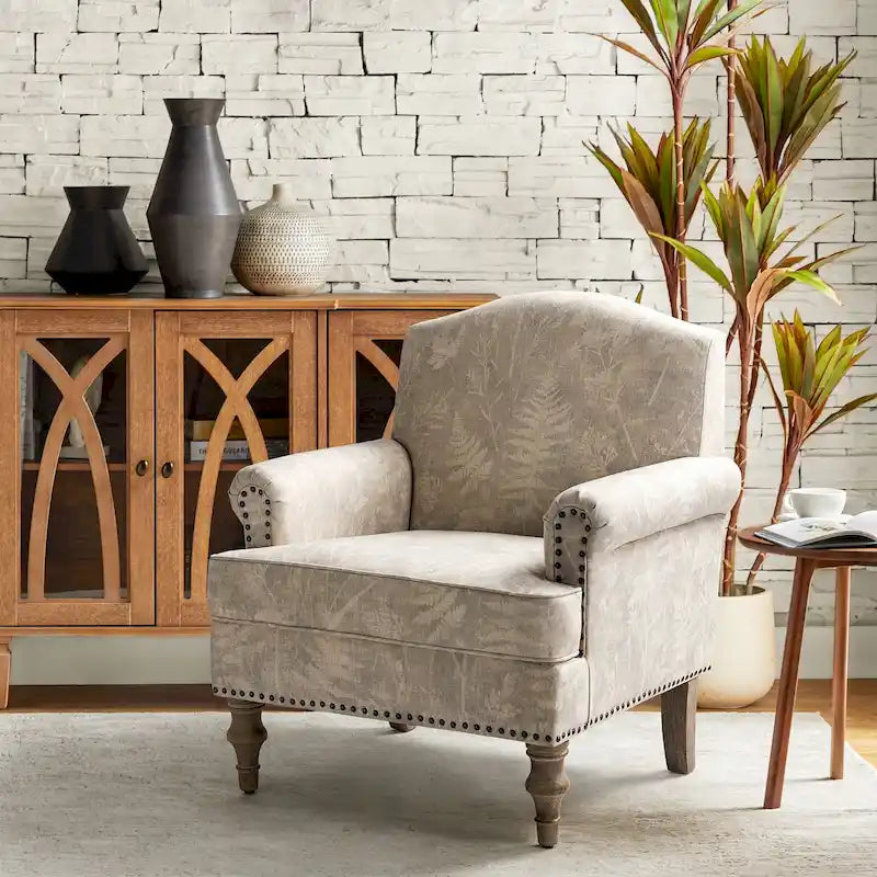 Fauteuil d'appoint clouté gris / Ferme – Une place, pieds en bois