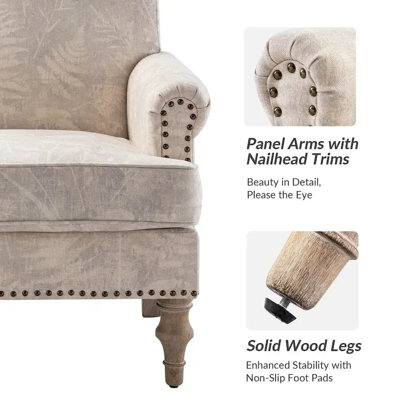 Fauteuil d'appoint clouté gris / Ferme – Une place, pieds en bois
