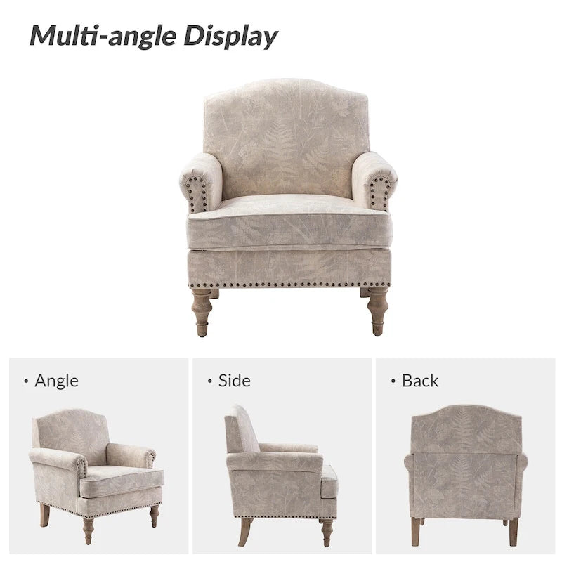 Fauteuil d'appoint clouté gris / Ferme – Une place, pieds en bois