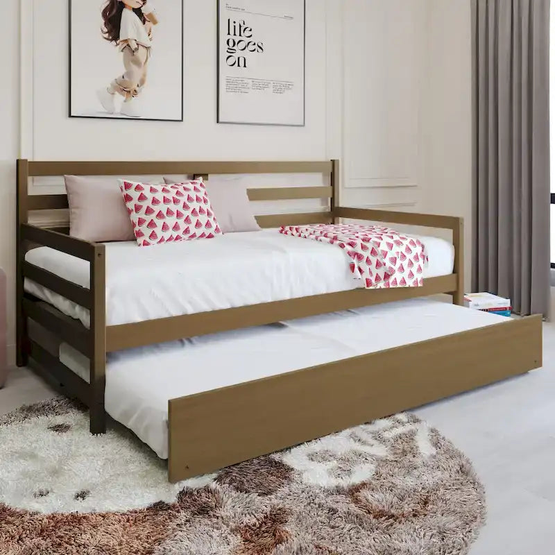 Lit de repos double multicolore avec tiroir gigogne, bois d'hévéa
