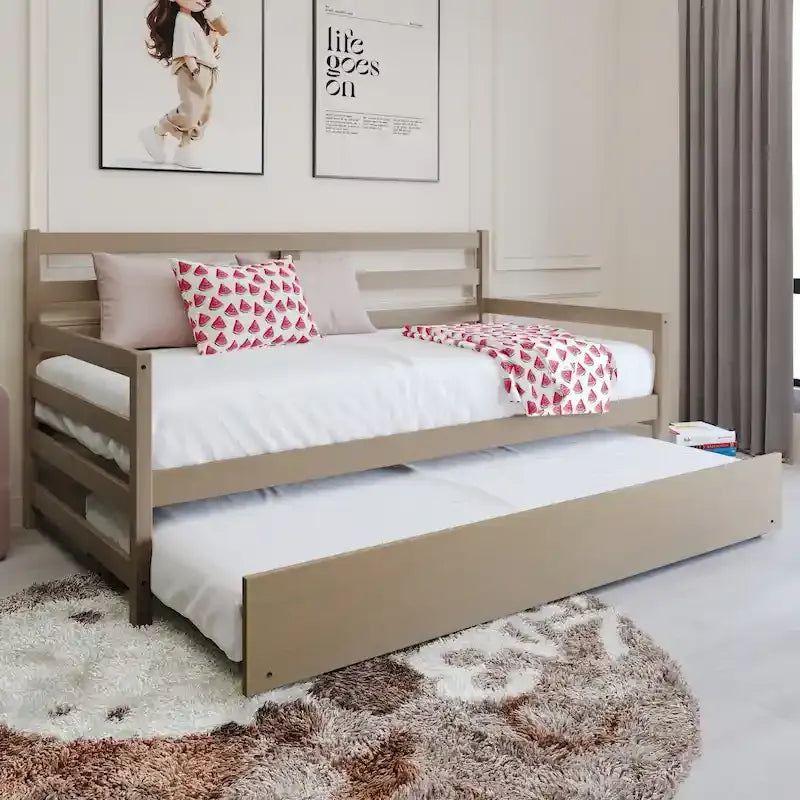 Lit de repos double multicolore avec tiroir gigogne, bois d'hévéa