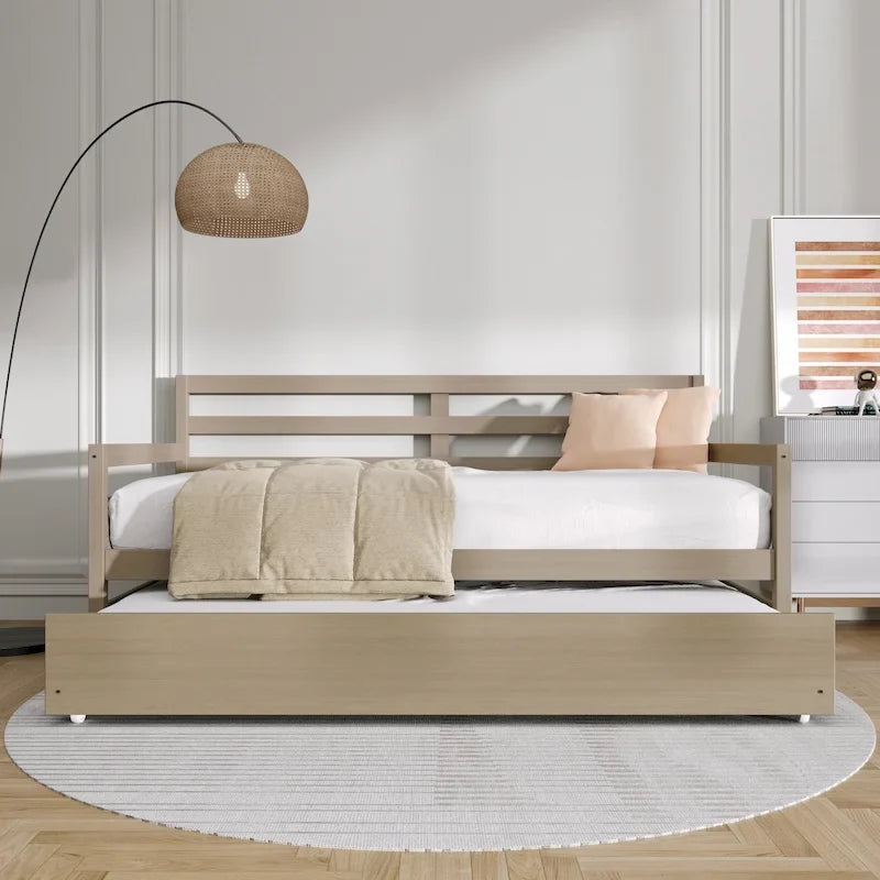Lit de repos double multicolore avec tiroir gigogne, bois d'hévéa