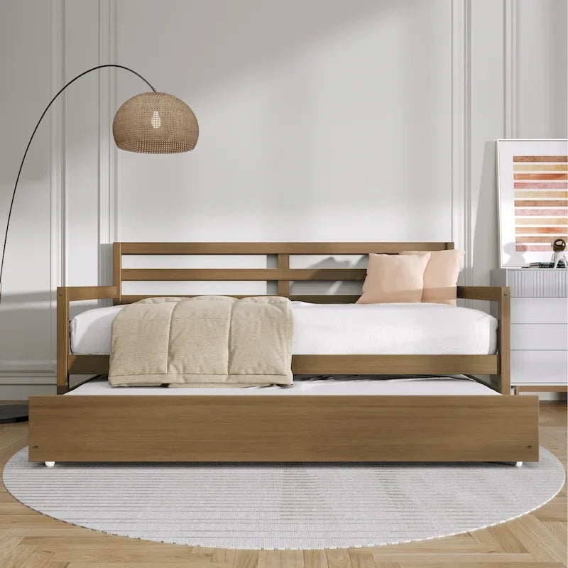 Lit de repos double multicolore avec tiroir gigogne, bois d'hévéa