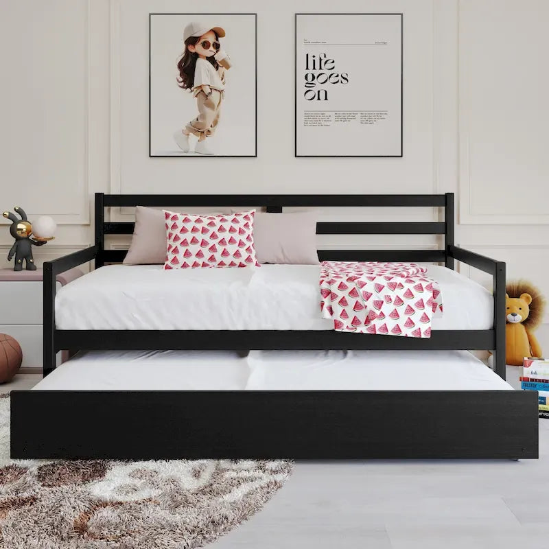 Lit de repos double multicolore avec tiroir gigogne, bois d'hévéa