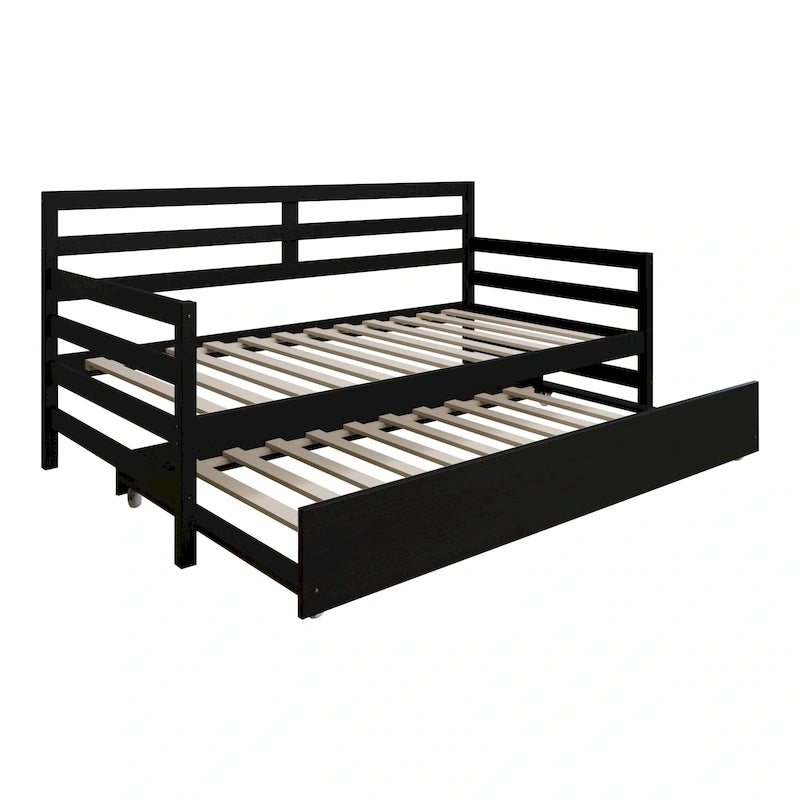 Lit de repos double multicolore avec tiroir gigogne, bois d'hévéa