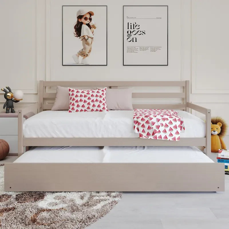 Lit de repos double multicolore avec tiroir gigogne, bois d'hévéa