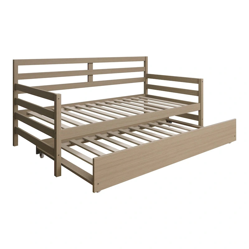 Lit de repos double multicolore avec tiroir gigogne, bois d'hévéa