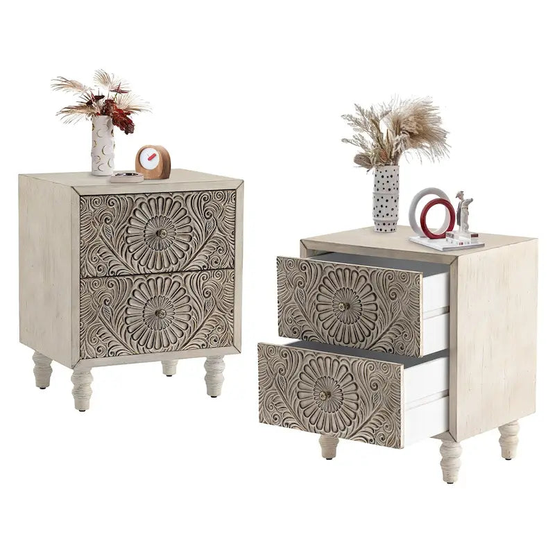 Table de chevet à motifs avec tiroir – Corde de chanvre / Miroir / Fleur / Nid d'abeille