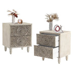 Table de chevet à motifs avec tiroir – Corde de chanvre / Miroir / Fleur / Nid d'abeille