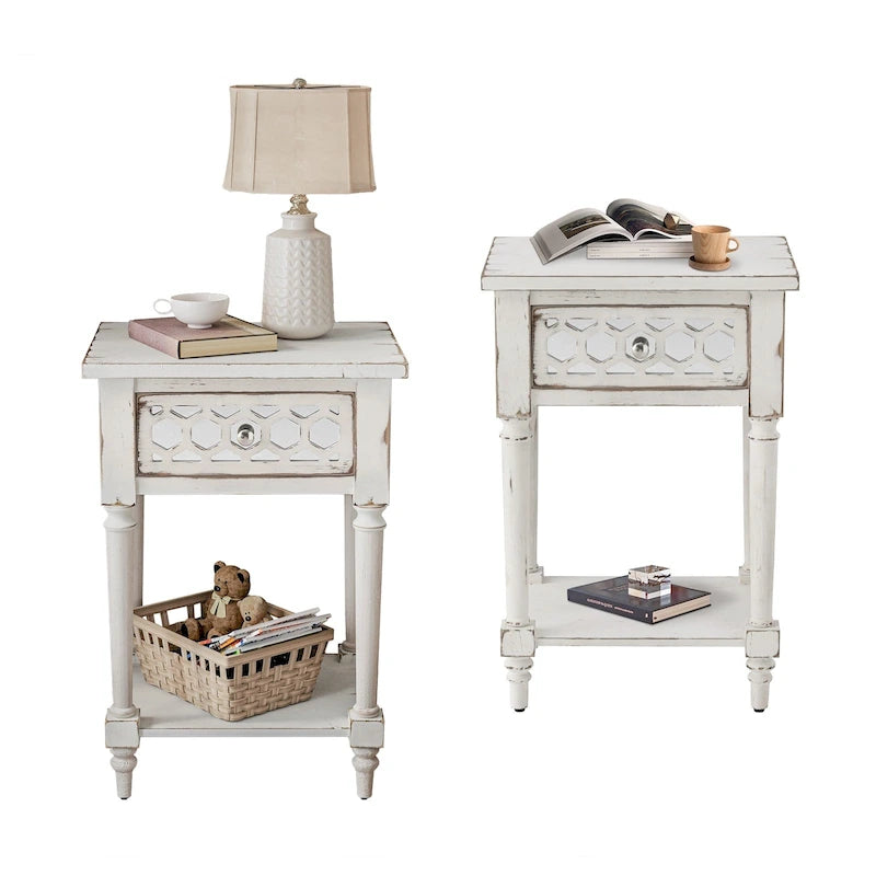 Table de chevet à motifs avec tiroir – Corde de chanvre / Miroir / Fleur / Nid d'abeille