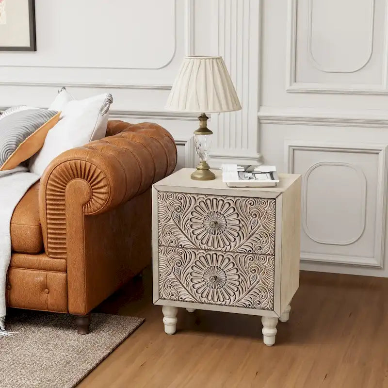 Table de chevet à motifs avec tiroir – Corde de chanvre / Miroir / Fleur / Nid d'abeille