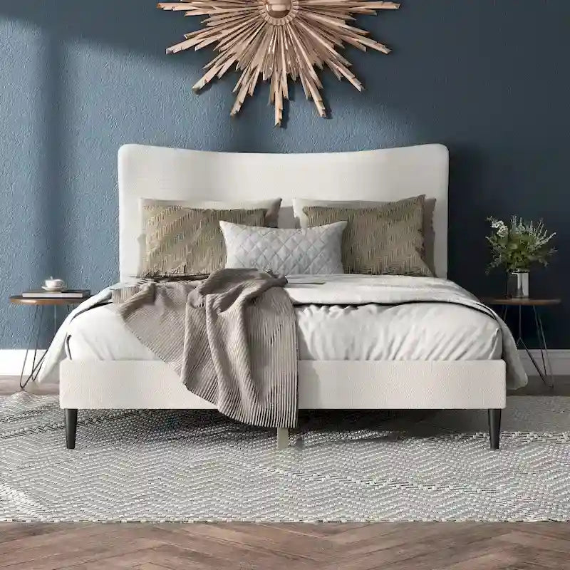 Lit plateforme Queen en bouclette blanche, tête de lit réglable
