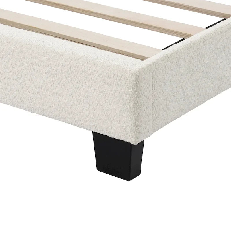 Lit plateforme Queen en bouclette blanche, tête de lit réglable