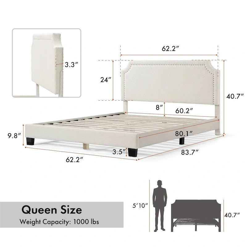 Lit plateforme Queen en bouclette blanche, tête de lit réglable
