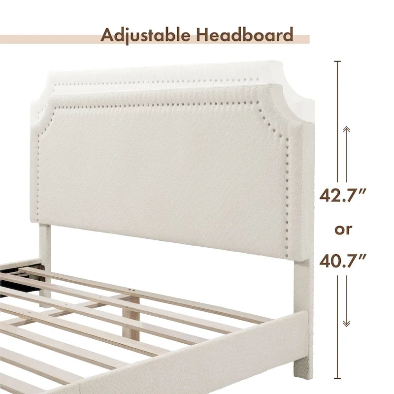 Lit plateforme Queen en bouclette blanche, tête de lit réglable