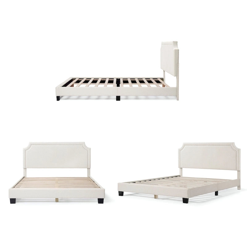 Lit plateforme Queen en bouclette blanche, tête de lit réglable