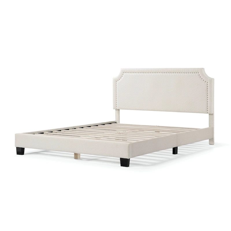 Lit plateforme Queen en bouclette blanche, tête de lit réglable