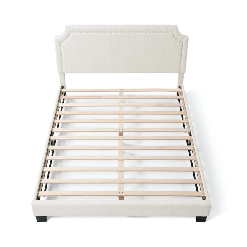 Lit plateforme Queen en bouclette blanche, tête de lit réglable