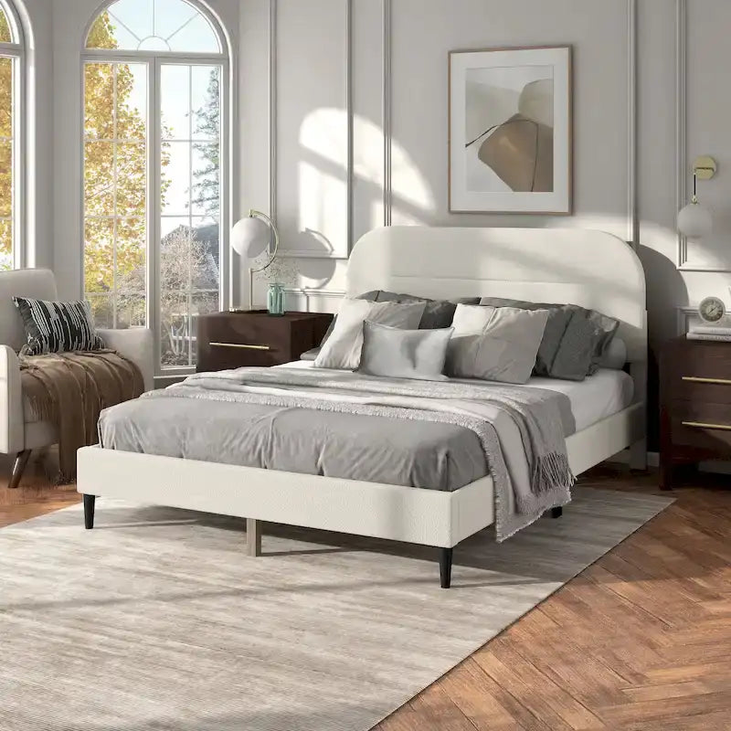 Lit plateforme Queen en bouclette blanche, tête de lit réglable