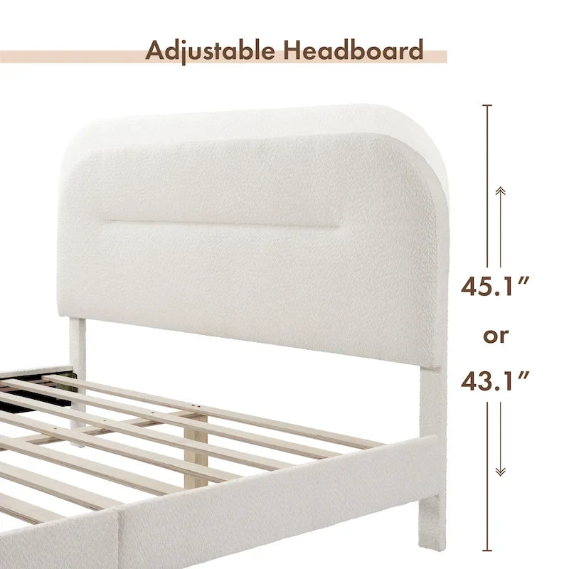Lit plateforme Queen en bouclette blanche, tête de lit réglable