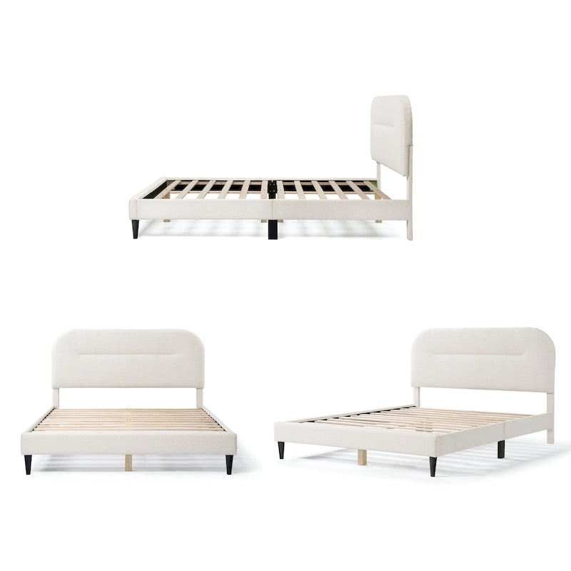 Lit plateforme Queen en bouclette blanche, tête de lit réglable