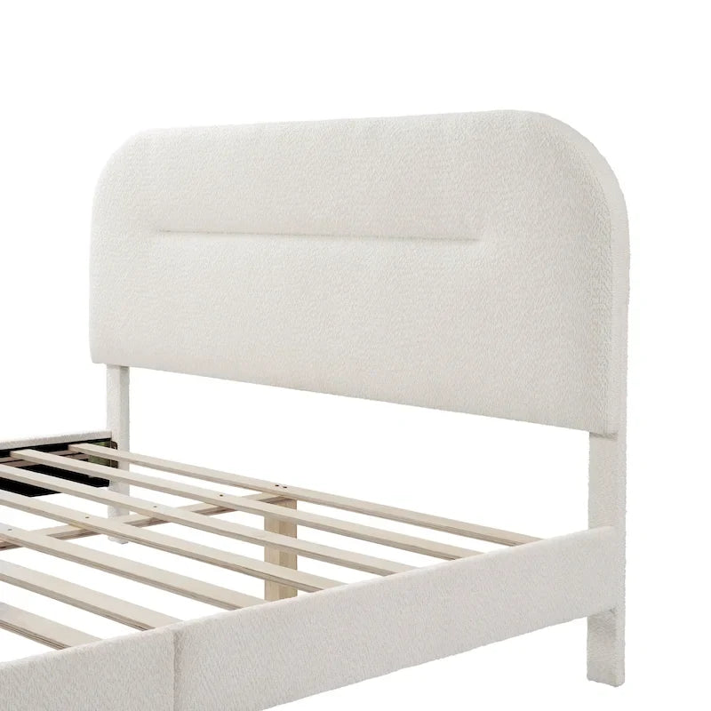 Lit plateforme Queen en bouclette blanche, tête de lit réglable