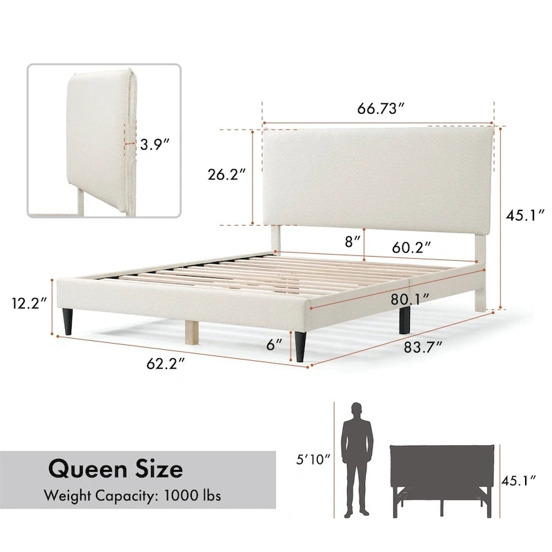 Lit plateforme Queen en bouclette blanche, tête de lit réglable