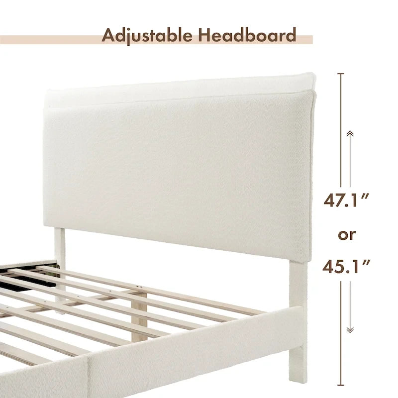 Lit plateforme Queen en bouclette blanche, tête de lit réglable