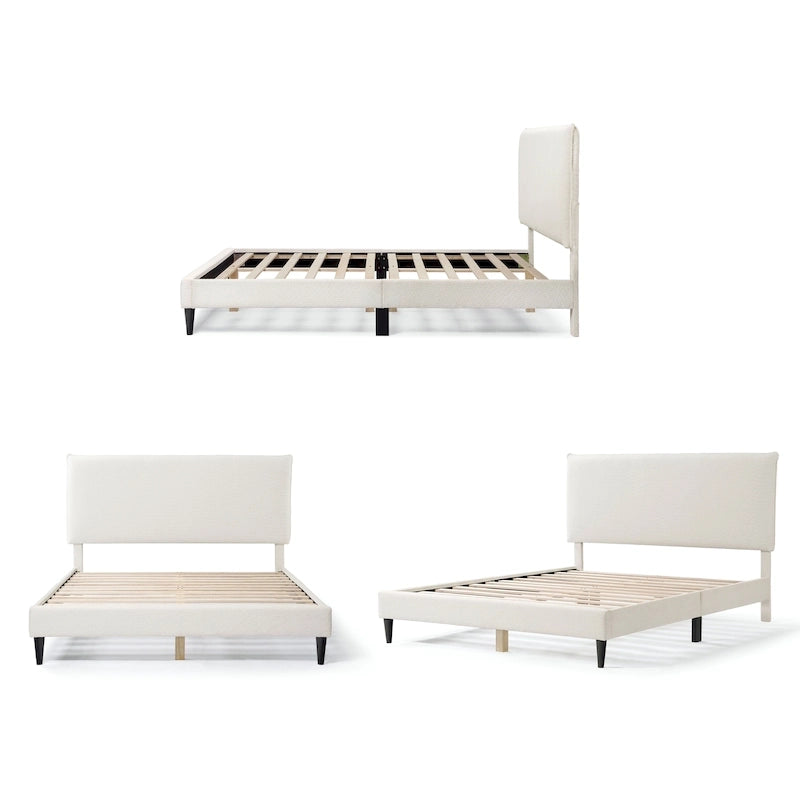Lit plateforme Queen en bouclette blanche, tête de lit réglable