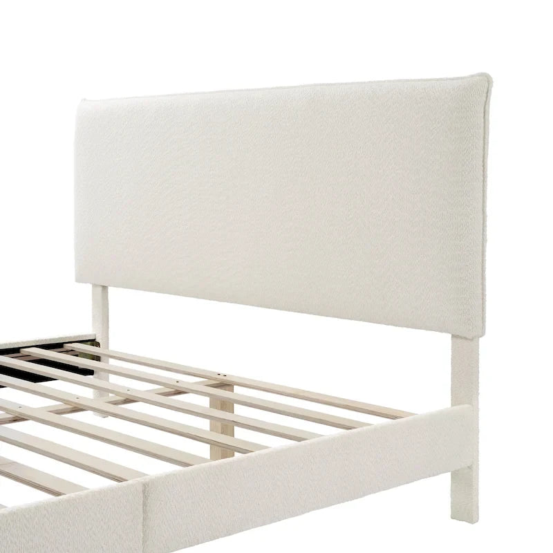 Lit plateforme Queen en bouclette blanche, tête de lit réglable