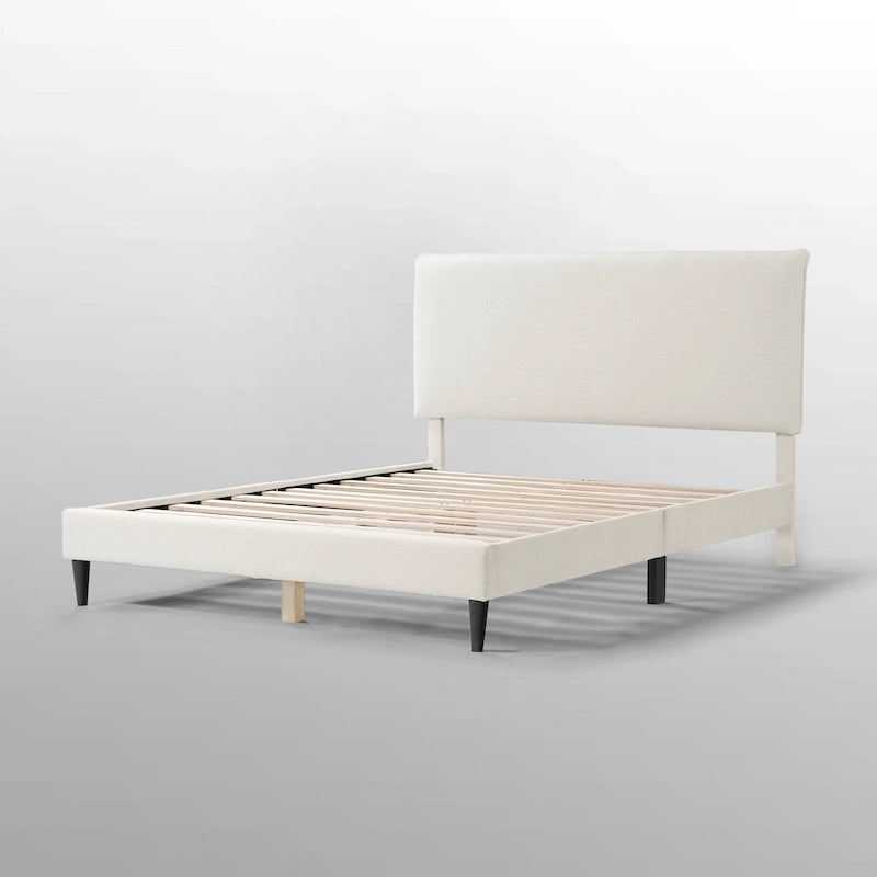 Lit plateforme Queen en bouclette blanche, tête de lit réglable