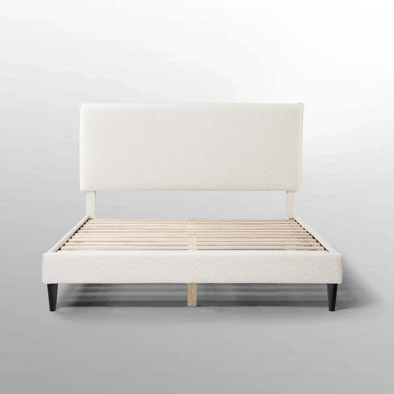 Lit plateforme Queen en bouclette blanche, tête de lit réglable