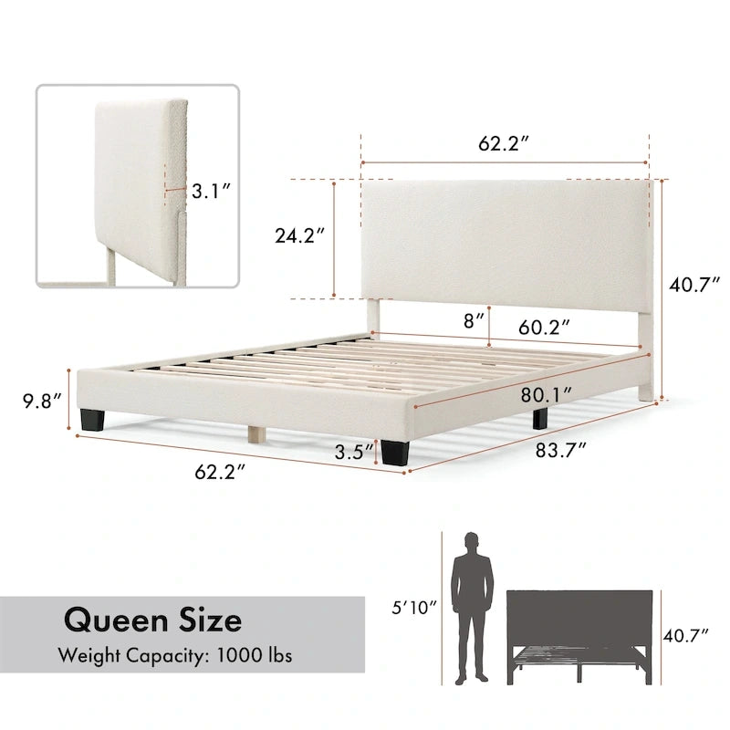 Lit plateforme Queen en bouclette blanche, tête de lit réglable
