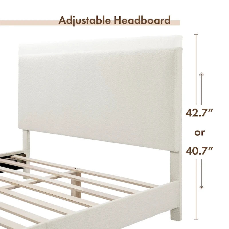 Lit plateforme Queen en bouclette blanche, tête de lit réglable