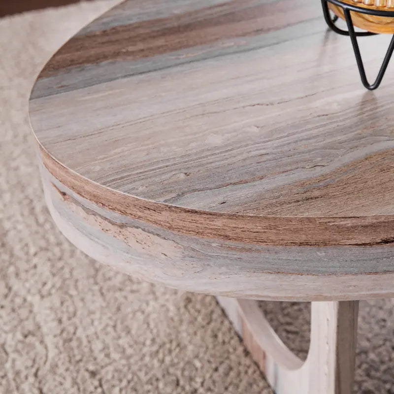 Table basse ovale en faux marbre marron – Style géométrique contemporain
