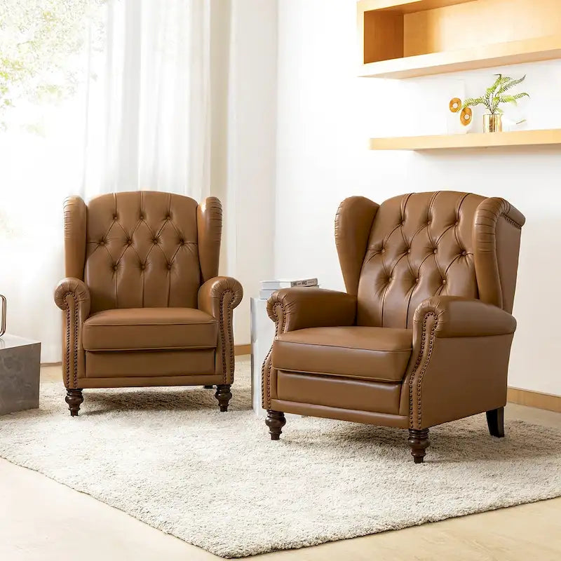 Fauteuil à oreilles 1 place en cuir véritable, garniture cloutée – Camel / Bordeaux / Bleu marine / Marron / Noir