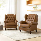 Fauteuil à oreilles 1 place en cuir véritable, garniture cloutée – Camel / Bordeaux / Bleu marine / Marron / Noir