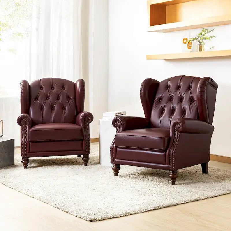 Fauteuil à oreilles 1 place en cuir véritable, garniture cloutée – Camel / Bordeaux / Bleu marine / Marron / Noir
