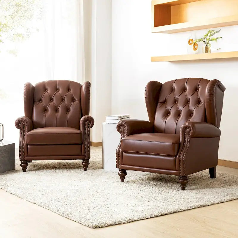 Fauteuil à oreilles 1 place en cuir véritable, garniture cloutée – Camel / Bordeaux / Bleu marine / Marron / Noir