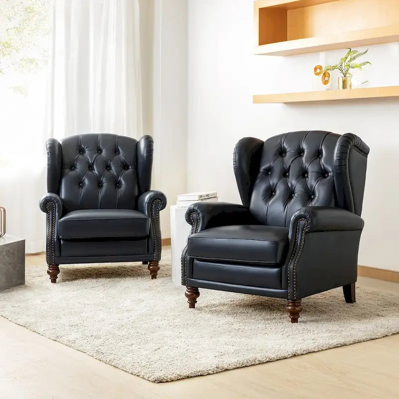 Fauteuil à oreilles 1 place en cuir véritable, garniture cloutée – Camel / Bordeaux / Bleu marine / Marron / Noir