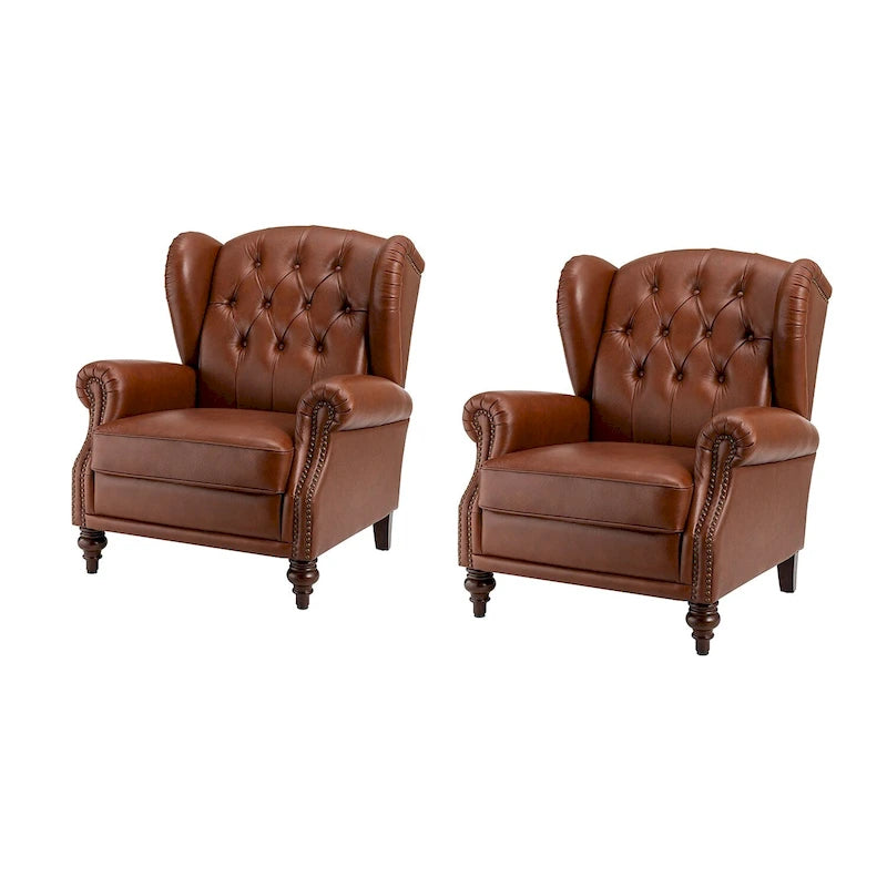 Fauteuil à oreilles 1 place en cuir véritable, garniture cloutée – Camel / Bordeaux / Bleu marine / Marron / Noir