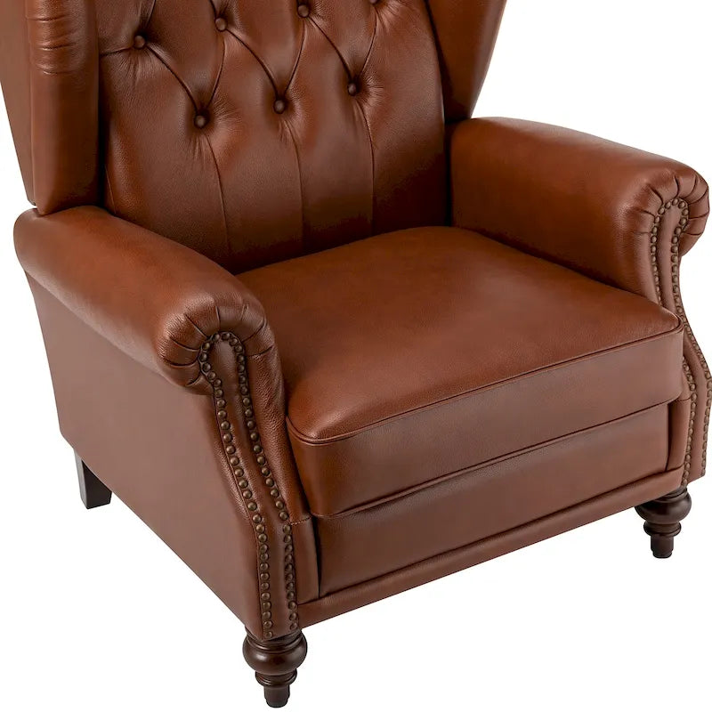 Fauteuil à oreilles 1 place en cuir véritable, garniture cloutée – Camel / Bordeaux / Bleu marine / Marron / Noir
