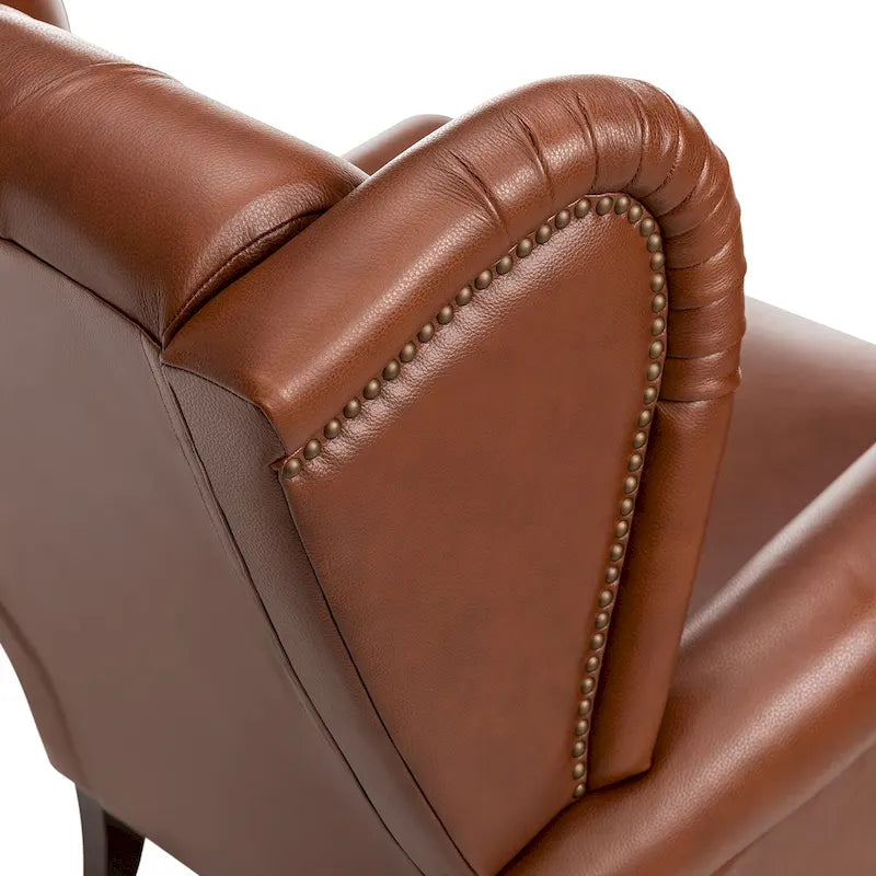 Fauteuil à oreilles 1 place en cuir véritable, garniture cloutée – Camel / Bordeaux / Bleu marine / Marron / Noir