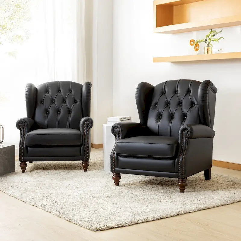 Fauteuil à oreilles 1 place en cuir véritable, garniture cloutée – Camel / Bordeaux / Bleu marine / Marron / Noir