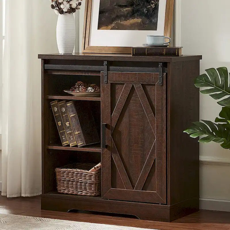 Meuble TV rustique marron/blanc avec portes coulissantes façon grange et rangement